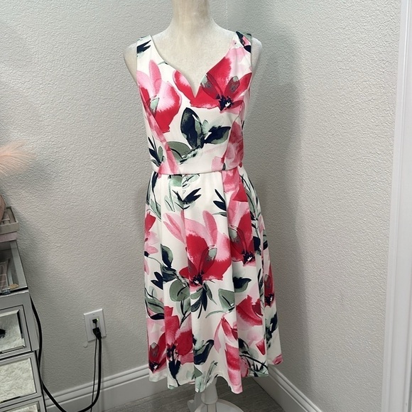 DKNY Dresses Floral Dresses DKNY Womens Pink Sleeveless V Neck Midi Fit Flare - Picture 5 of 11